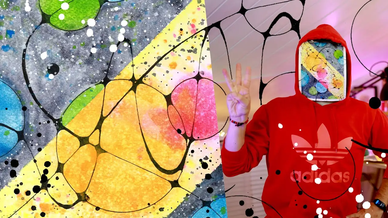 آموزش فرار انتزاعی با آبرنگ – قسمت 3: هنر کهکشانی با چسب نواری و خطوط نوروگرافیک

