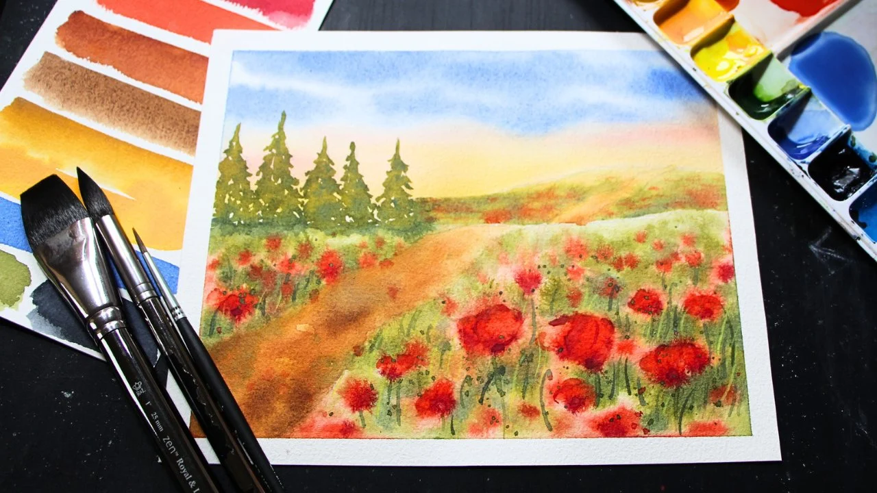 آموزش منظرهٔ دشت شقایق آبرنگی

