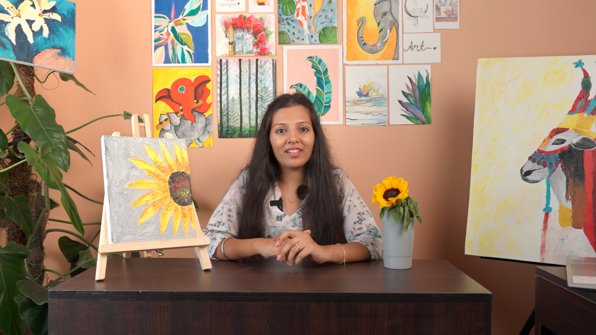 آموزش گل آفتابگردان پر جنب و جوش: نقاشی با چاقو پالت اکریلیک برای مبتدیان