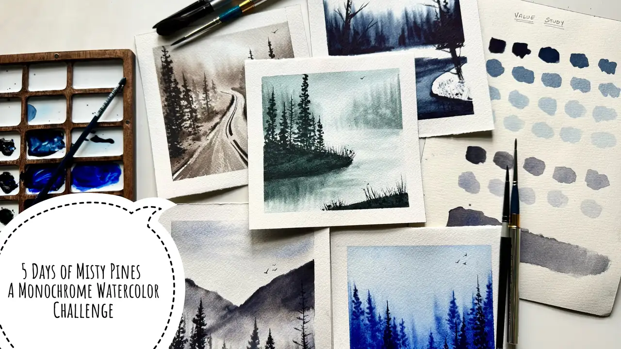 آموزش 5 روز در میان کاج‌های مه‌آلود – یک چالش آبرنگ تک‌رنگ

