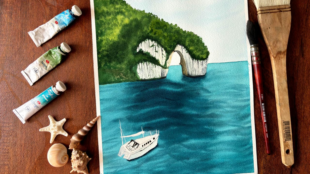 آموزش رنگ آمیزی جزیره استوایی تابستانی با آبرنگ
