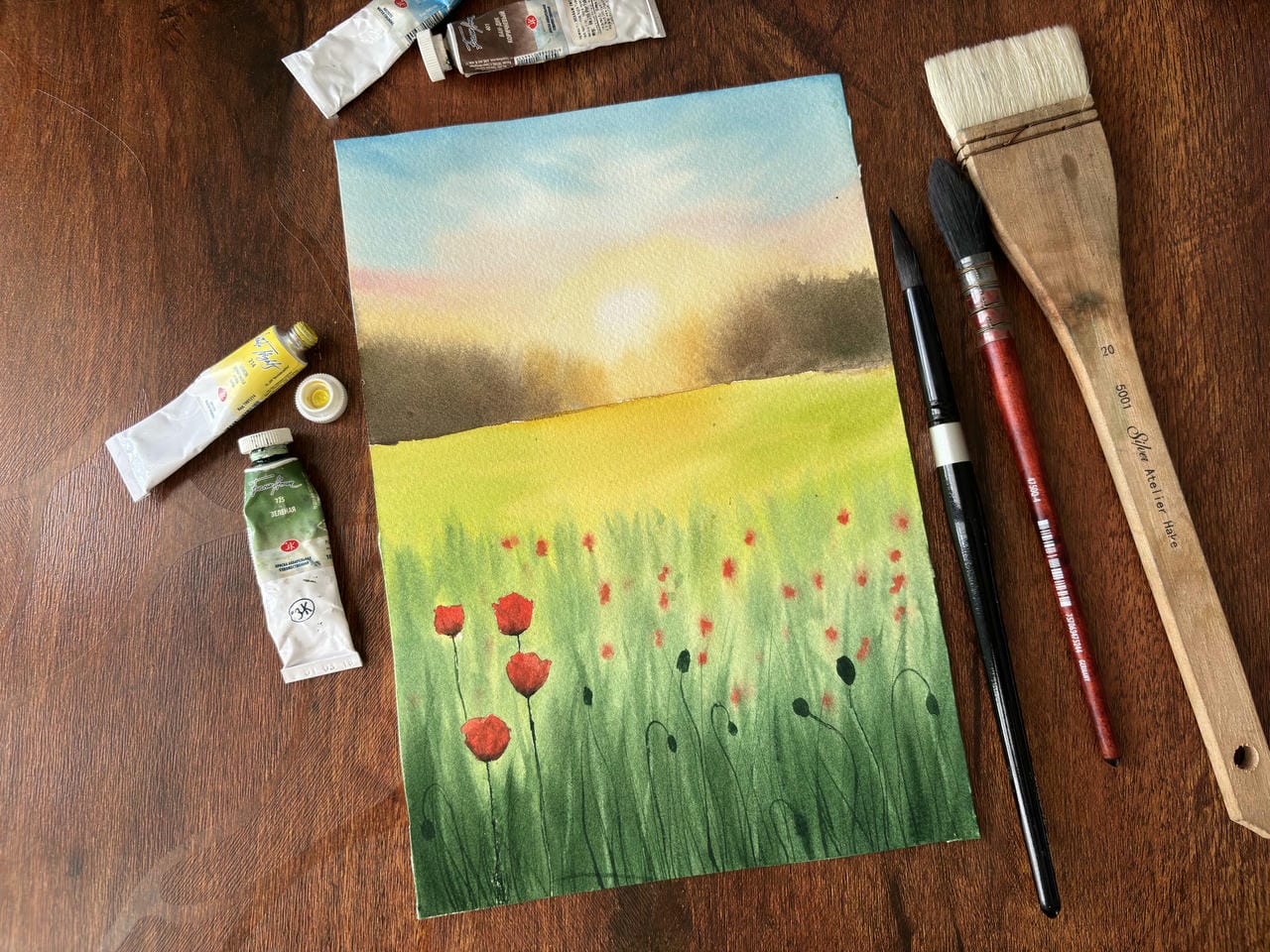 آموزش بیایید با آبرنگ، دشتی زیبا از لاله‌های بهاری نقاشی کنیم
