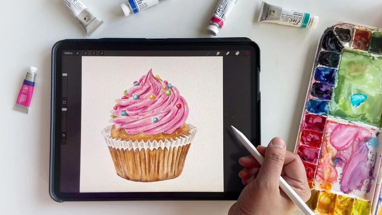 آموزش نقاشی کاپ کیک آبرنگی در پروکریت | تصویرسازی غذای دیجیتال
