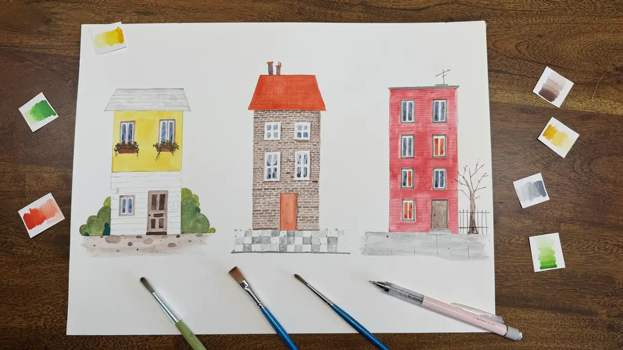 آموزش نقاشی منظره شهری گواش: ساختمان‌های بامزه در خیابانی دلنشین
