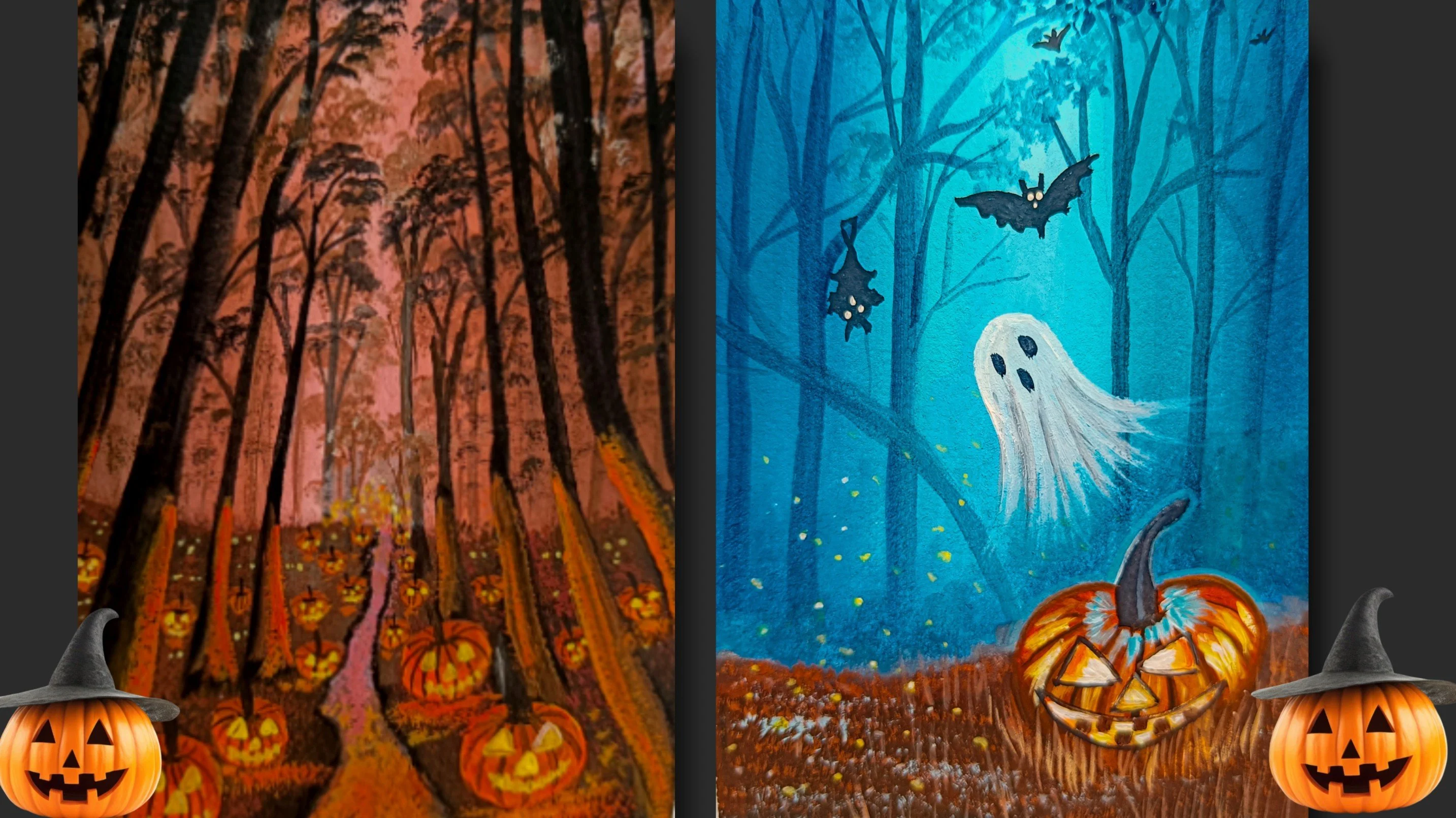 آموزش نقاشی گواش: 🎃 جنگل مه‌آلود هالووین با کدو تنبل 🎃