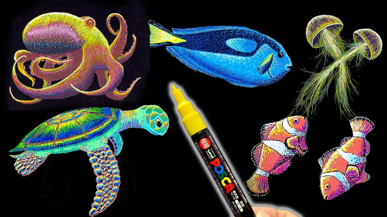 آموزش نقاشی حیوانات: پنج جانور دریایی رنگارنگ را با ماژیک پوسکا بکشید!
