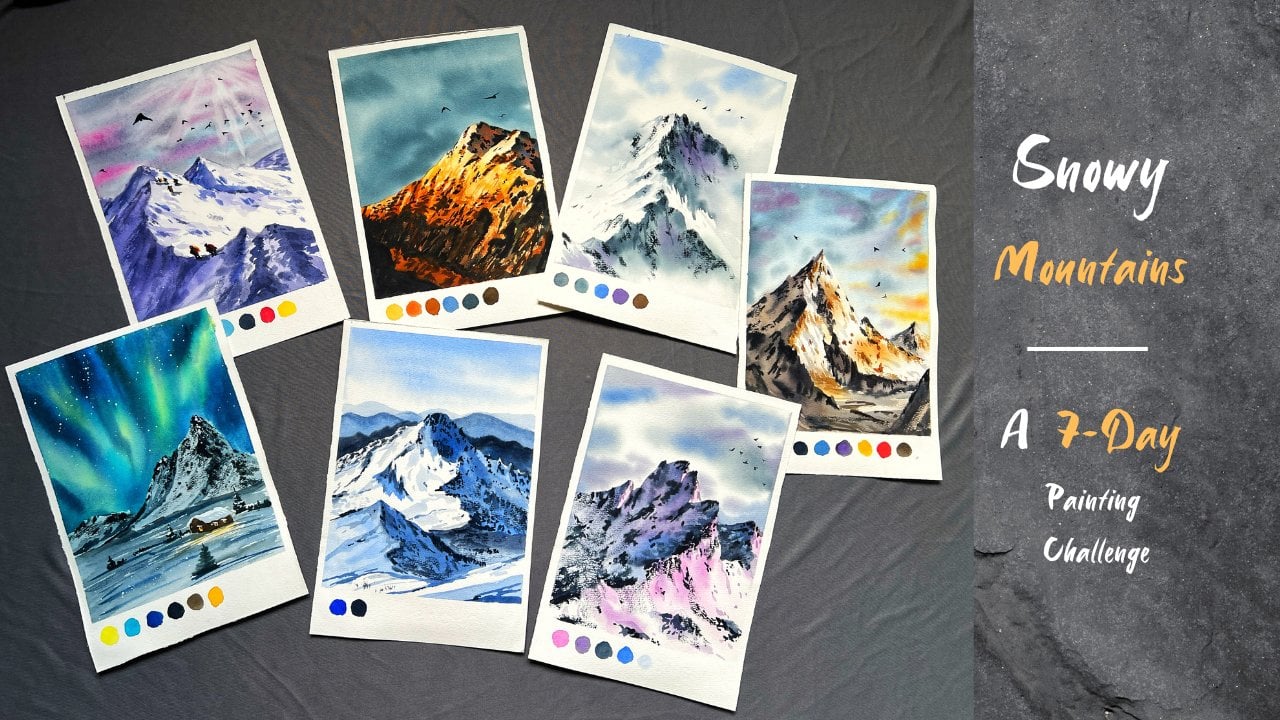آموزش چالش نقاشی ۷ روزه در کوه‌های برفی با آبرنگ
