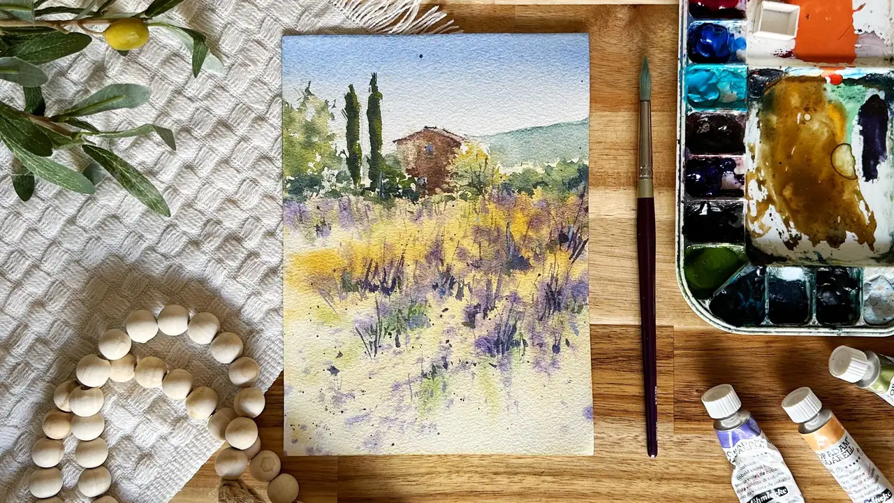 آموزش نقاشی آبرنگ رسا: دشت‌های لاوندر و اسطوخودوس در پروانس
