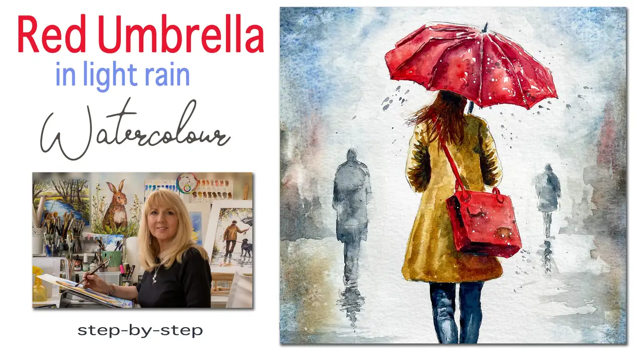 آموزش چتر قرمز. کلاس استادانه آبرنگ. صحنه مردمی روز بارانی - از مبتدی تا پیشرفته.

