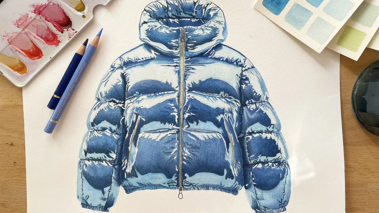 آموزش نقاشی سطوح براق با آبرنگ و مداد رنگی: کشیدن کاپشن پفی
