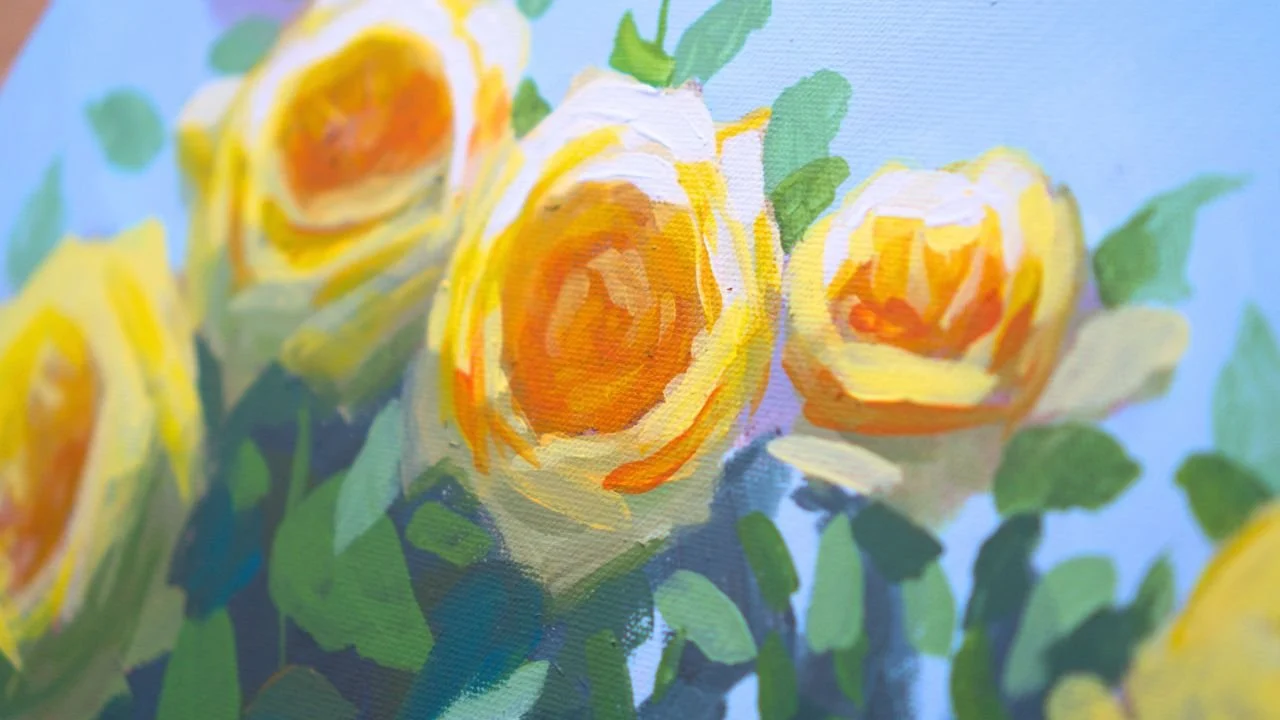 آموزش نقاشی آسان گل رز باغی با اکریلیک برای مبتدیان روی بوم گرد
