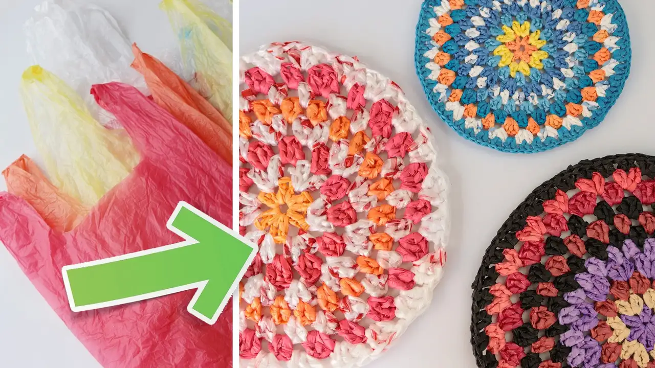 آموزش قلاب بافی دایره مادربزرگ با کیسه‌های پلاستیکی
