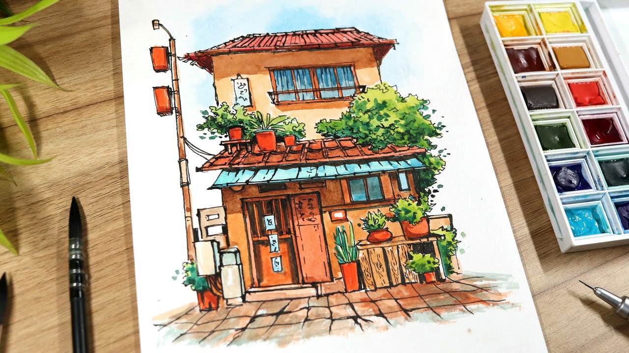 آموزش اسکچ شهری با جوهر و آبرنگ: چگونه یک گل‌فروشی و گیاه‌فروشی شهری اسکچ کنیم
