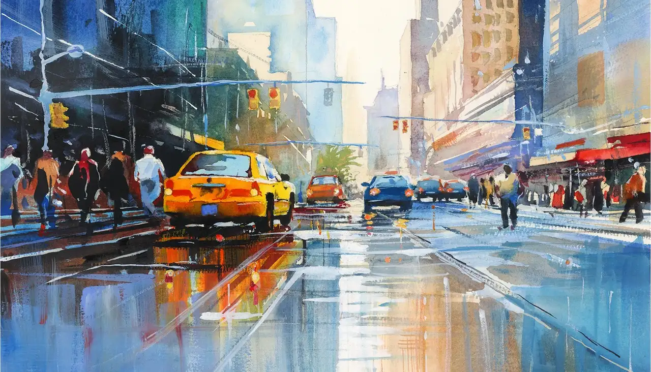 آموزش نقاشی مناظر شهری اکسپرسیو با آبرنگ: نور، بازتاب‌ها و اتمسفر
