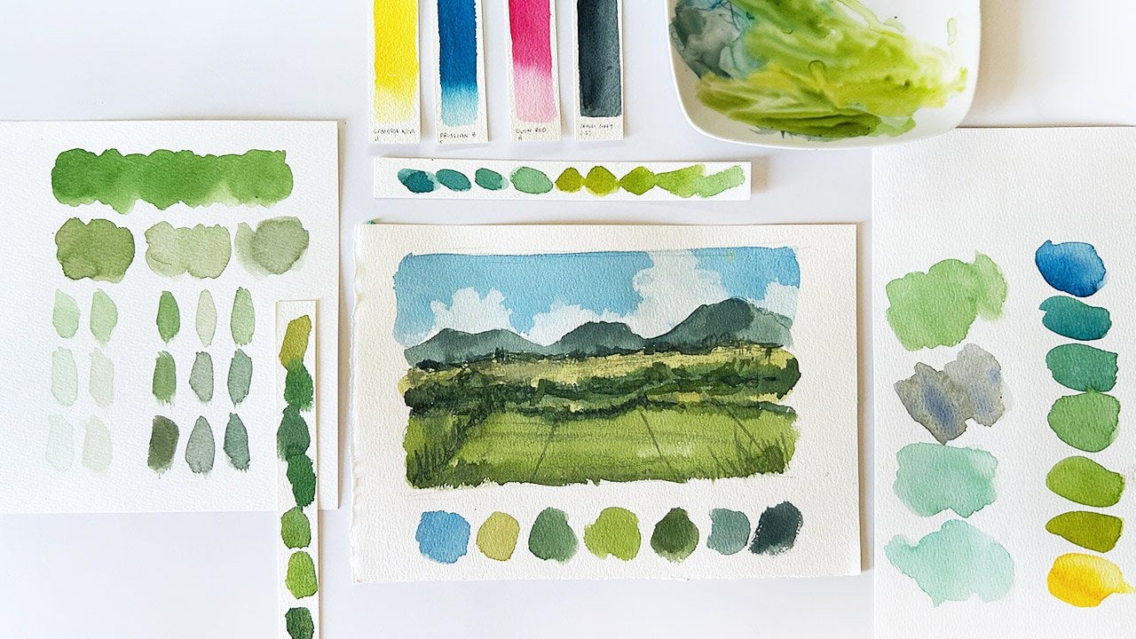 آموزش با رنگ‌های اصلی، سایه‌های مختلف سبز را برای مناظر آبرنگی ترکیب کنید

