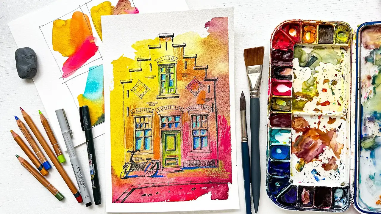 آموزش تکنیک طراحی شهری گویا با آبرنگ و مداد رنگی
