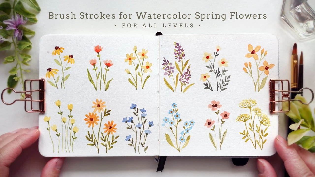 آموزش ضربات قلم برای گل‌های آبرنگی ساده بهاری
