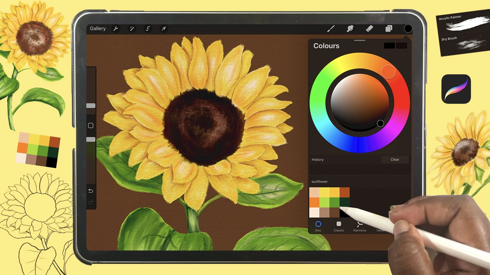 آموزش تصویرسازی دیجیتال آسان: گل آفتابگردان اکرلیک در پروکریت بکشید
