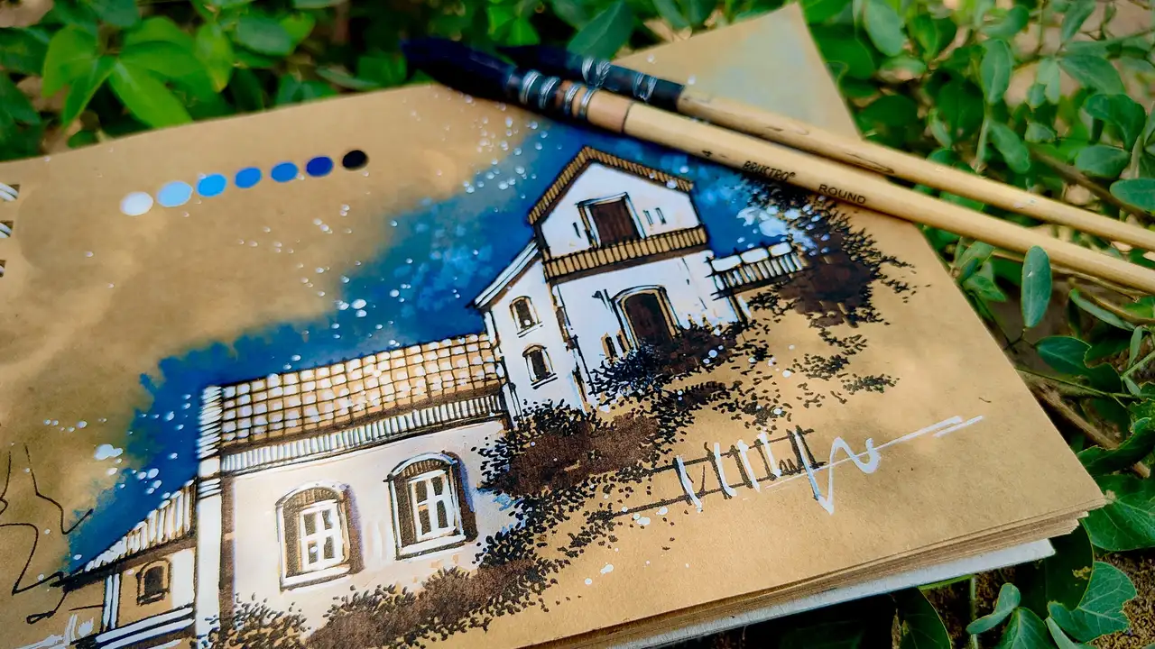 آموزش نقاشی منظره آبرنگ: طراحی و نقاشی روی کاغذ قهوه‌ای با تکنیک‌های آسان
