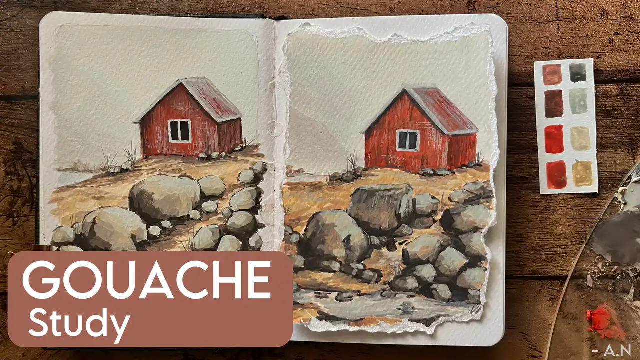 آموزش Gouache را همانطور که نقاشی می کنید بیاموزید: مطالعه سنگی منحصر به فرد در یک منظره منظره