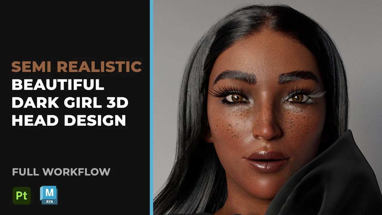 آموزش طراحی سر سه بعدی دختر زیبا و نیمه واقعی تیره
