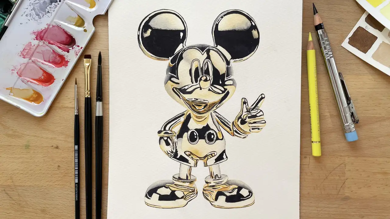 آموزش حرفه‌ای متالیک: نقاشی میکی موس طلایی با آبرنگ و مداد رنگی
