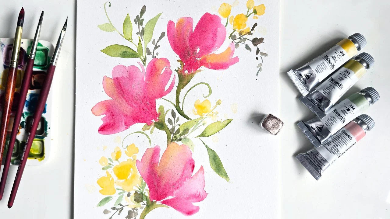 آموزش نقاشی آبرنگ آزاد: گل‌ها، برگ‌ها و ترکیب‌بندی‌های زیبا با تکنیک تر روی تر
