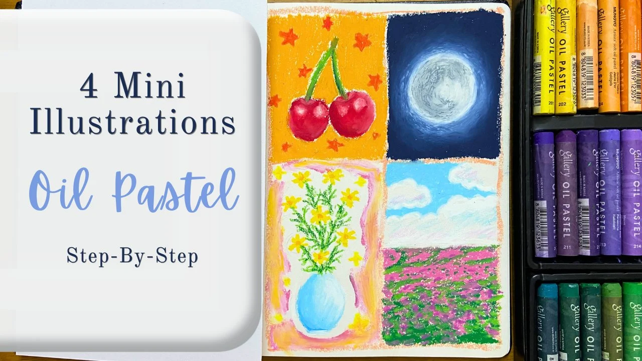آموزش مداد شمعی (Oil Pastel): خلق ۴ تصویرسازی مینیاتوری در یک صفحه