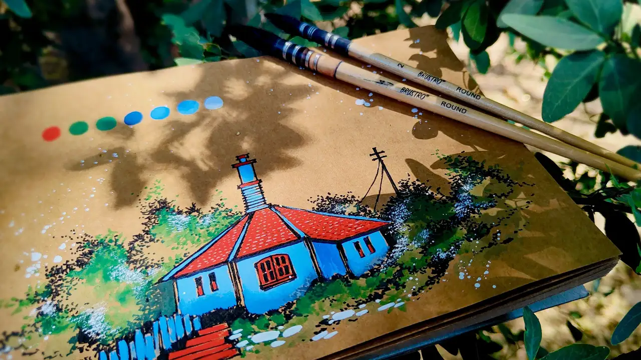 آموزش خانه وینتج با آبرنگ روی کاغذ قهوه‌ای - یادگیری نقاشی با تکنیک‌های آسان
