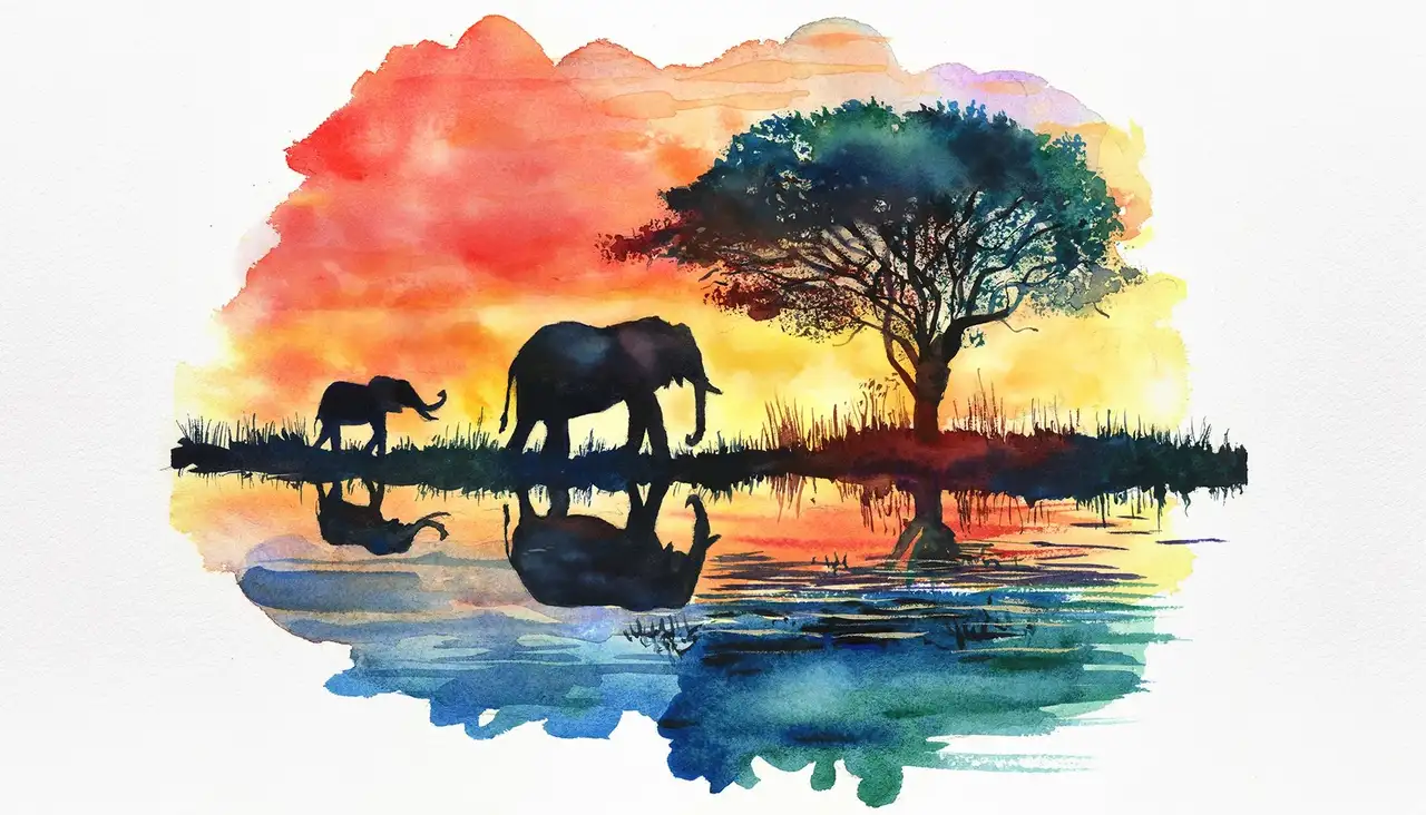 آموزش نقاشی غروب سافاری با آبرنگ: طرح‌های سیلوئت، نور و انعکاس
