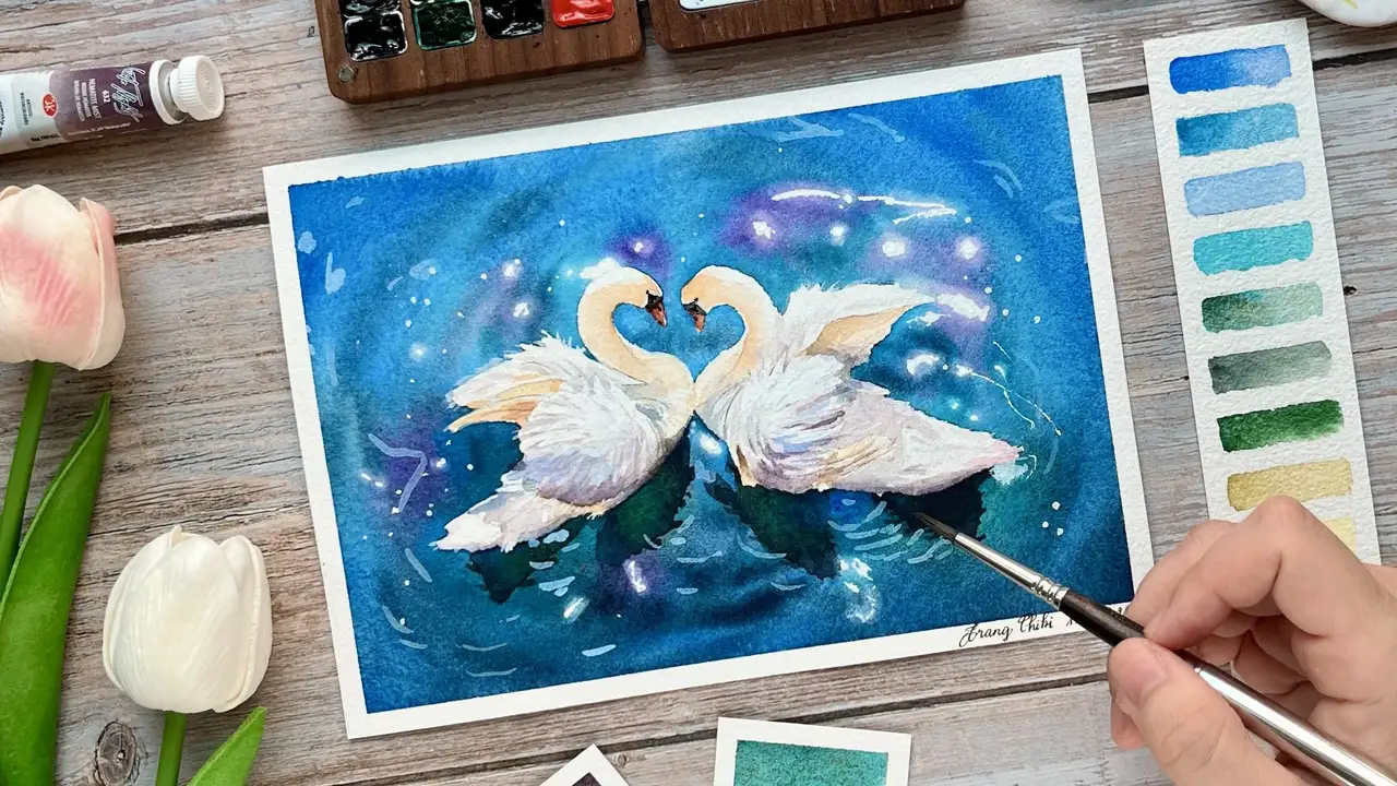 آموزش عشق قو: تکنیک‌های نقاشی سفید رنگین‌کمانی در آبرنگ
